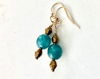 Teal Stone Earrings Deep Blue Jade & Bronze tone Glass Accents on 14k Gold Fill Wire Natural Stone Teal Blue Bronze Dangly Drop Earrings