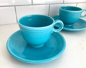 Fiestaware Original Turquoise Teacup Saucer Set Mid Century Ring Handle Wet Foot Fiesta Ware 1940 39 s era Original FW Turquoise Blue