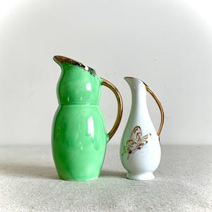 Pair of Small Mid-Century Ceramic Bud Vases w/ Gold Accents Vintage 1950's Small Green Pitcher Vase & White Porcelain w/ Butterflies