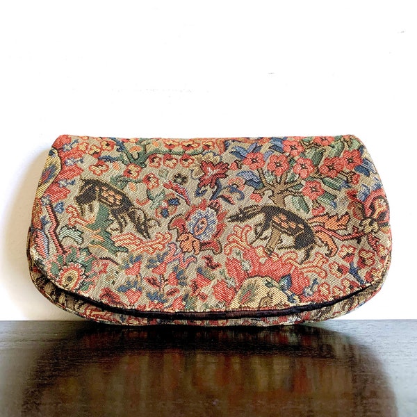 Mid-Century Tapestry Clutch Soft-Structure Bag w/ Coin Purse on Chain 1950's era Morris Moskowitz "MM" Embroidered Bag Flowers + Animals