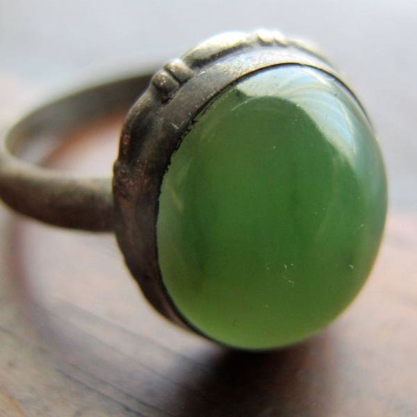 SALE Vintage Jade and Sterling Silver Cocktail Ring Size 6 1/2 Mid Century