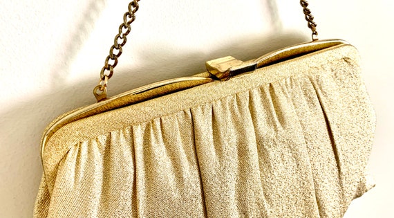 Vintage Gold Evening Bag 1960's era Gold Fabric H… - image 8