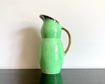 Small Mid-Century Green & Gold Specked Ceramic Vase or Pitcher 6" size Vintage 1950's era Lime Green Gold Unique