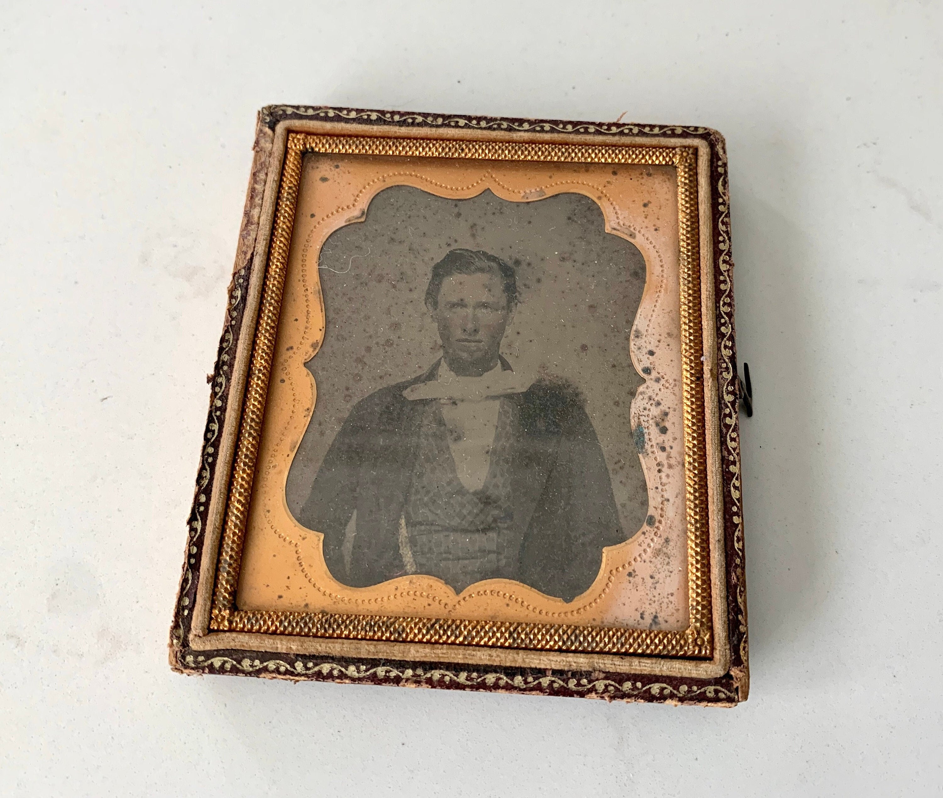 Antique TinType Photograph 1/6 Plate 19th Century Portrait of Man in Copper Matte Preserver Leather Bound Carrying Case Tin Type