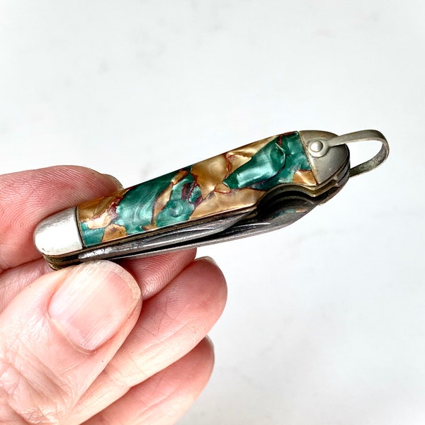 Vintage Pocket Knife Two Blade Small Size w/ Green + Gold Celluloid Body & Metal Hook 1960's Small Utility 2 Blade Hooked Pocket Knife