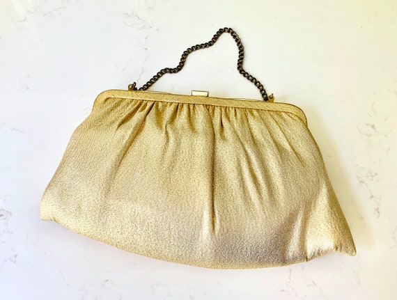 Vintage Gold Evening Bag 1960's era Gold Fabric H… - image 1