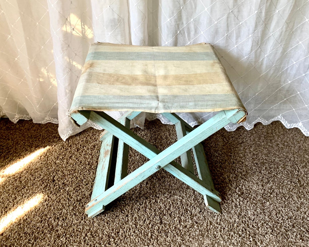 Vintage Camping Stool Small Wooden Folding Bench With Aqua Blue