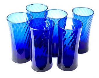 Set of 6 Cobalt Blue Glass Tumblers Swirl Pattern Hourglass Shape Vintage Blue Water Glasses 16 ounce Capacity Blue Water Glasses