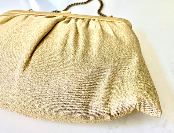 Vintage Gold Evening Bag 1960's era Gold Fabric H… - image 7