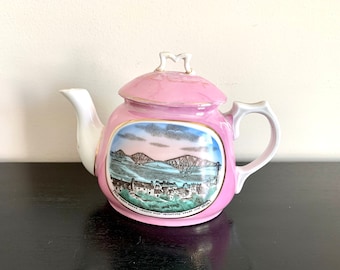 Vintage Pink Teapot Commemorative Forth Bridge Pictoral Small Ceramic Teapot Pink w/ Gold Trim Made in Germany Civil Engineering Collectible