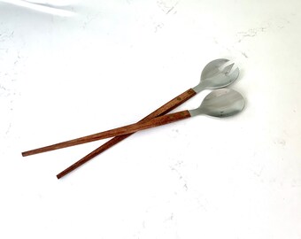 Long Serving Utensils Vintage 1960's era Teak Wood & Stainless Steel Salad Servers Made in Japan Eames era Mid-Century Serve ware