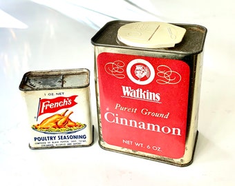 Vintage Spice Tins Pair of Rustic Kitchen Tins Watkins Purest Ground Cinnamon & French's Poultry Seasoning