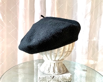 Vintage Wool Beret Traditional French Style size 11" Taille, Head Band 19" Black Beret