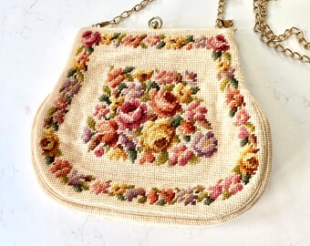 Vintage Tapestry Purse w/ Ivory Fabric, Colorful Flowers, Gold Metal Clasp & Long Gold Chain Strap Pale Mid-Century Tapestry Purse