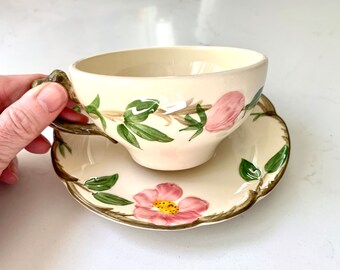 Franciscan Ware Desert Rose Flat Cup & Saucer Set 40-50's era Made in California / USA logos Raised Flowers Vtg Franciscanware C+S