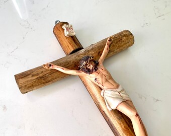 Vintage Crucifix Wall Hanging Rustic Wood Cross Crucifixion of Jesus Christ INRI Wall Mounted 15" Solid Wood Timber Vintage Catholic Decor