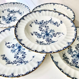 Set of 5 Royal Worcester Soup Bowls in Mansfield Blue Pattern Made in England Bone China Dinnerware Blue Peonies on White w/ Gold Trim