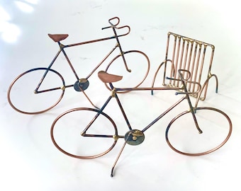Pair of Vintage Copper Bicycles w/ Stand, Handmade Metal Sculptures, Gift for Cyclists