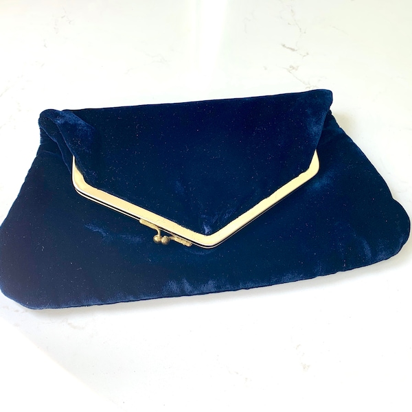 Mid-Century Blue Velvet Foldover Clutch Evening or Accessory Bag by Majestic 1950's era Deep Midnight Blue Velvet Soft Structure Bag