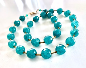 Blue Stone & Gold Hematite Beaded Necklace Teal Faceted Jade Beads w/ Small Matte Gold Hematite Unique Boho Necklace 17.5"