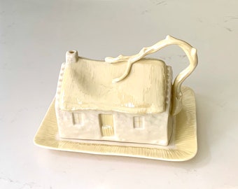 Vintage Belleek Cottage Butter Dish Ireland 6th Mark 1960's era Cheese Dish Butter Tray Porcelain Irish Thatched Roof Cottage