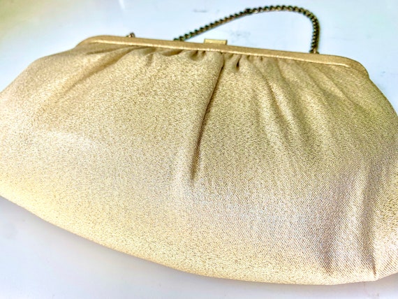 Vintage Gold Evening Bag 1960's era Gold Fabric H… - image 6