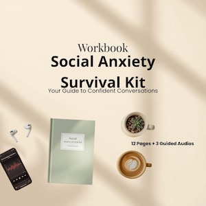May include: A workbook titled "Social Anxiety Survival Kit" with the tagline "Your Guide to Confident Conversations." The image includes a light green book, a smartphone, wireless earbuds, a small potted plant, and a cup of coffee.