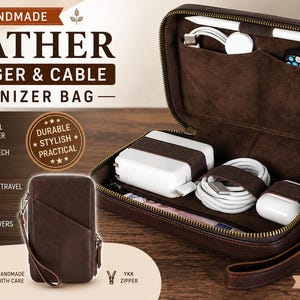 Handmade Full Grain Leather Tech Organizer Bag – Travel Cable & Charger Pouch