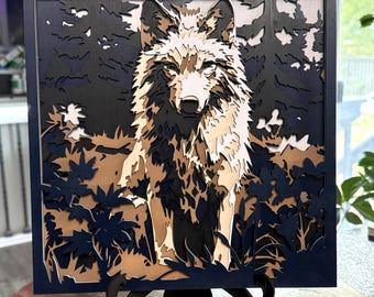 Cuadro de pared con lobo de madera en capas