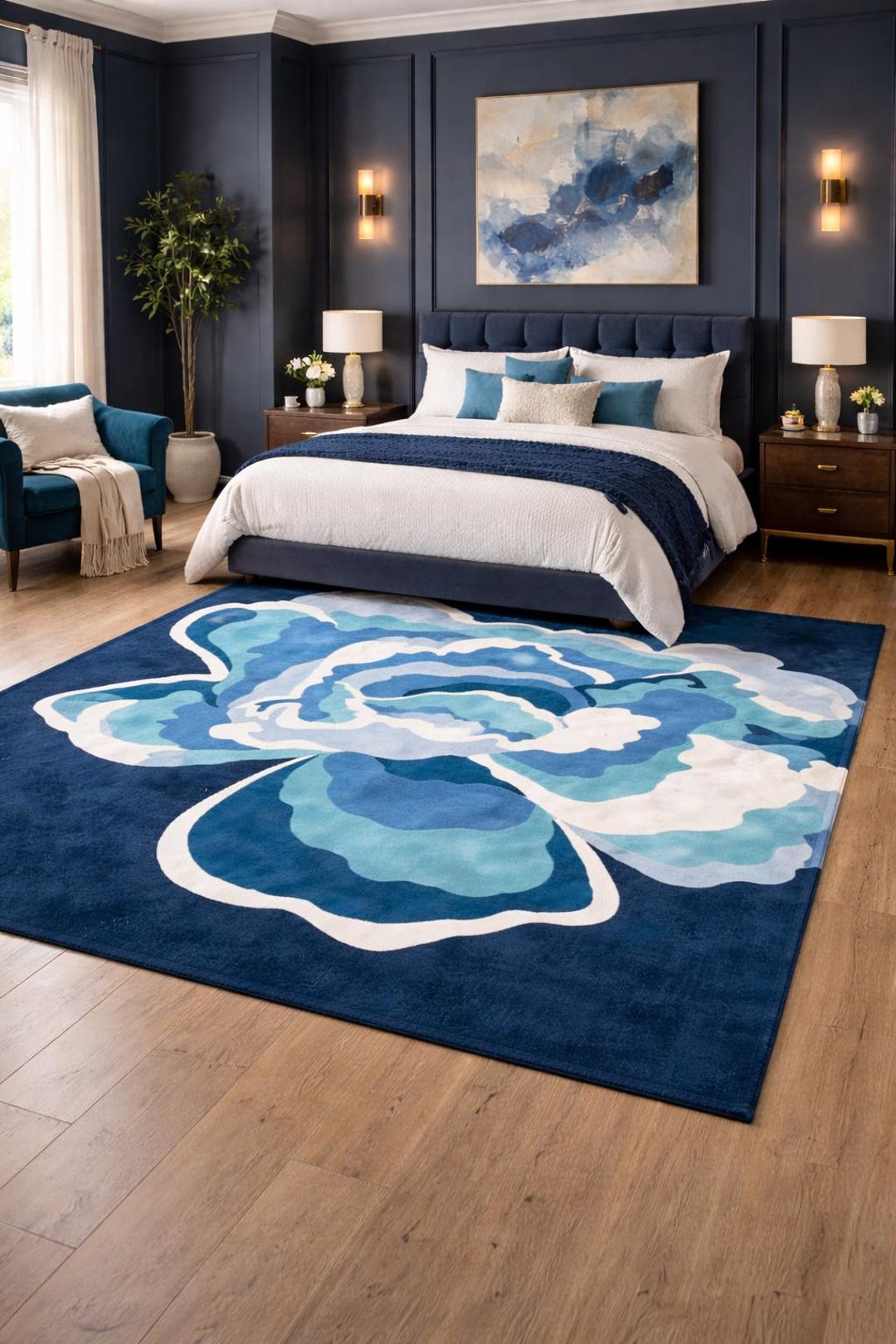 Hand Tufted Wool Rug, Abstract Blue Floral Design, Navy Living Room ...