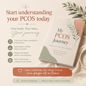 May include: A book titled "My PCOS Journey" with a white cover and floral design. The cover text includes "Symptoms, Hormones, Cycle, Mind & Body." The image also contains text: "Start understanding your PCOS today."