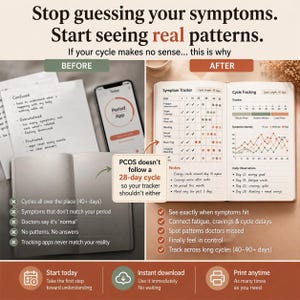 May include: An informational graphic comparing a 'Before' and 'After' approach to cycle tracking. The 'Before' side shows notes and a phone with a period app. The 'After' side displays a symptom tracker and cycle tracking chart.