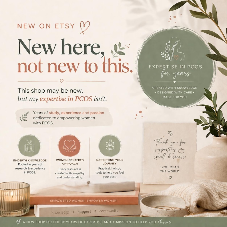 May include: An Etsy shop announcement with text: "New here, not new to this." The image includes a logo with the text "Expertise in PCOS for years." Other text includes "Thank you for supporting my small business."