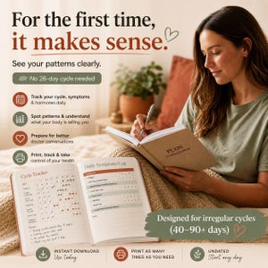 May include: A woman writing in a PCOS Tracking Journal. The journal is open to pages with a cycle tracker and daily symptom log. Text on the image includes "For the first time, it makes sense" and "Designed for irregular cycles (40-90+ days)".