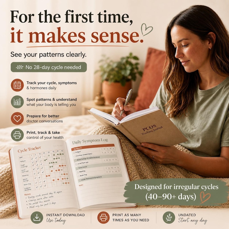 May include: A woman writing in a PCOS Tracking Journal. The journal is open to pages with a cycle tracker and daily symptom log. Text on the image includes "For the first time, it makes sense" and "Designed for irregular cycles (40-90+ days)".