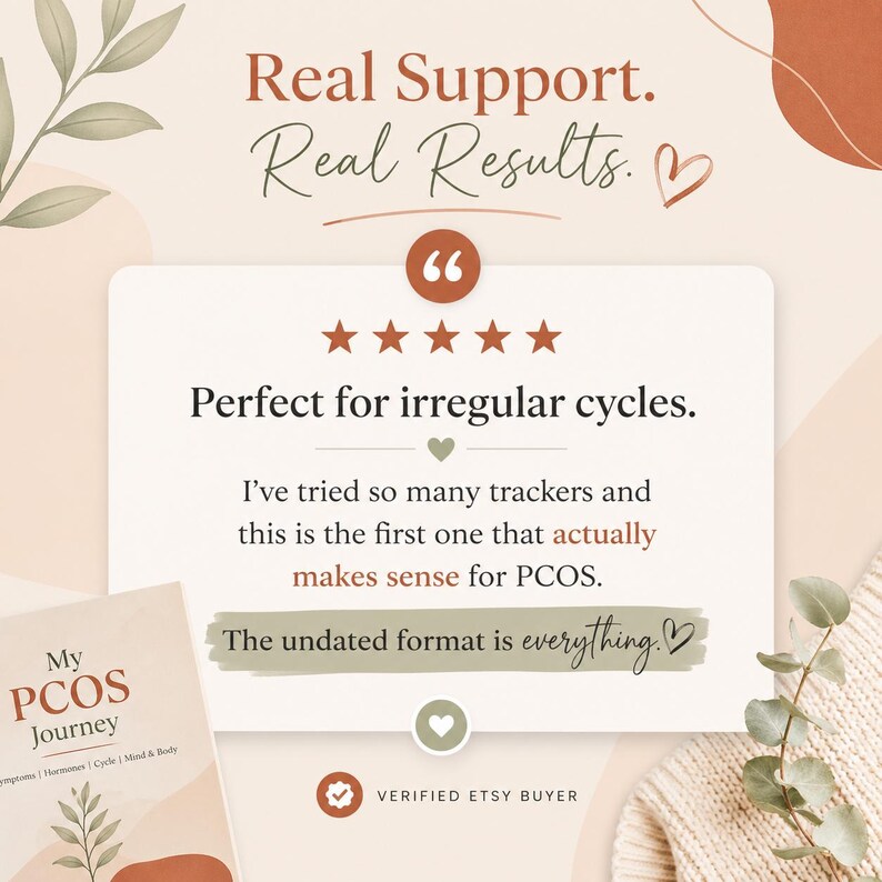 May include: A promotional image with text that reads "Real Support. Real Results." and "Perfect for irregular cycles." A book titled "My PCOS Journey" is visible. The image includes a customer review and a "Verified Etsy Buyer" badge.