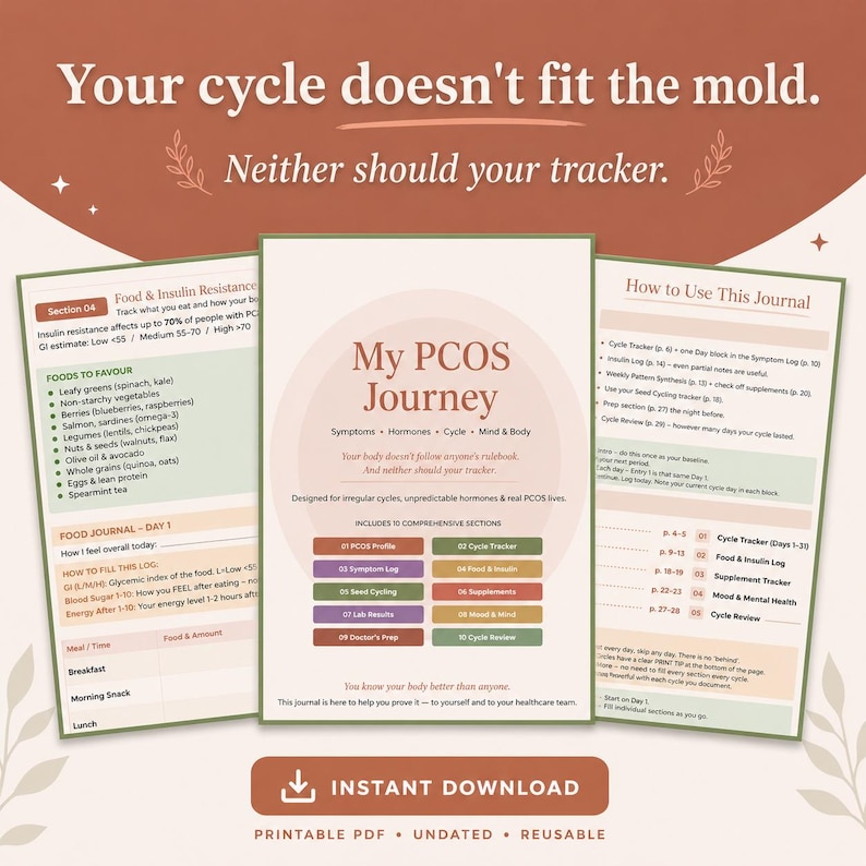 May include: A printable PDF journal titled "My PCOS Journey" with sections on symptoms, hormones, cycle, and mind & body. The journal includes sections for tracking food, insulin resistance, and cycle information. The cover has the text "Your cycle doesn't fit the mold. Neither should your tracker."