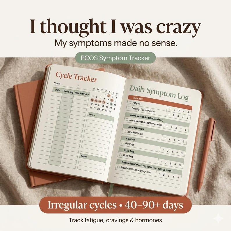PCOS symptom tracker printable for irregular cycles, hormone tracking journal for women with PCOS