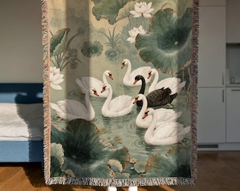 Lotus Swan Woven Throw: Pond Wall Tapestry, Botanical Sofa Blanket, Vintage Bed Throw