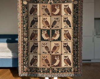 Owl Grid Woven Throw: Folk Wall Tapestry, Woodland Sofa Blanket, Cozy Cabin Throw