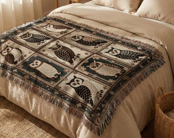 Folk Owl Woven Cotton Throw Blanket: Woodland Sofa Bed Tapestry