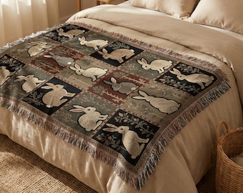 Folk Rabbit Woven Throw: Woodland Wall Tapestry, Cottage Sofa Blanket, Cozy Nursery Blanket