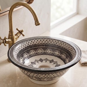 Moroccan Pottery Sink Handmade – Black White Round Ceramic Vessel Sink – Artisan Bathroom Vanity Basin – Moroccan Decor