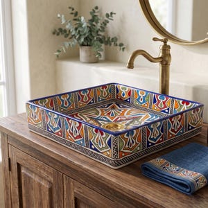 Colorful Square Ceramic Sink, Vibrant Star Pattern Vessel Sink, Bohemian Bathroom Vanity Basin, Hand Painted Moroccan Washbasin