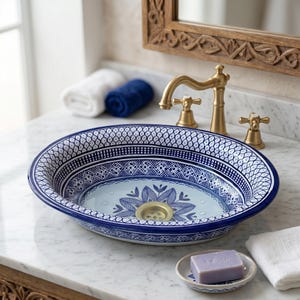 Puede incluir: Lavabo ovalado de cerámica con un diseño floral azul y blanco. El lavabo tiene un desagüe dorado y está colocado sobre una encimera de mármol. Un jabonera a juego con una pastilla de jabón está frente al lavabo.