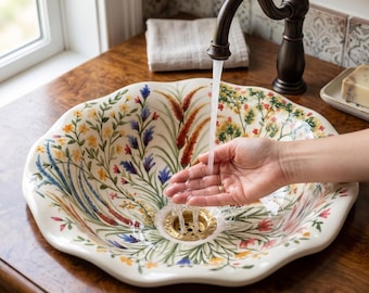 Lavabo de cerámica con diseño floral pintado a mano – Lavabo de baño artesanal