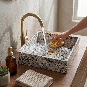 Può includere: Un lavandino quadrato con motivo maculato bianco e nero, dotato di un rubinetto alto e curvo in ottone. Una spugna gialla è tenuta all'interno della vasca sotto l'acqua corrente. Un dispenser di sapone in vetro marrone e un panno beige sono vicini.