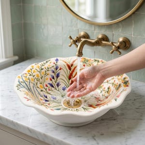 May include: A white ceramic sink with a floral pattern and a scalloped edge. The sink is decorated with a botanical design in yellow, purple, and red. A brass tap is above the sink, and a hand is under the running water.