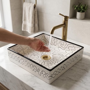 May include: A square ceramic vessel sink featuring a white base with black hand-drawn squiggly line patterns. The sink includes a brass-toned faucet and a matching brass-toned drain cover, with water flowing from the faucet into the basin.
