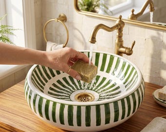 Handmade Green Striped Ceramic Vessel Sink – Moroccan Bathroom Basin – Modern Hand Painted Vanity Sink – Artisan Wash Bowl